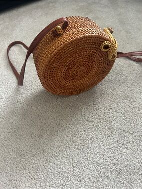 Round Woven Crossbody Bag in Brown with Leather Strap